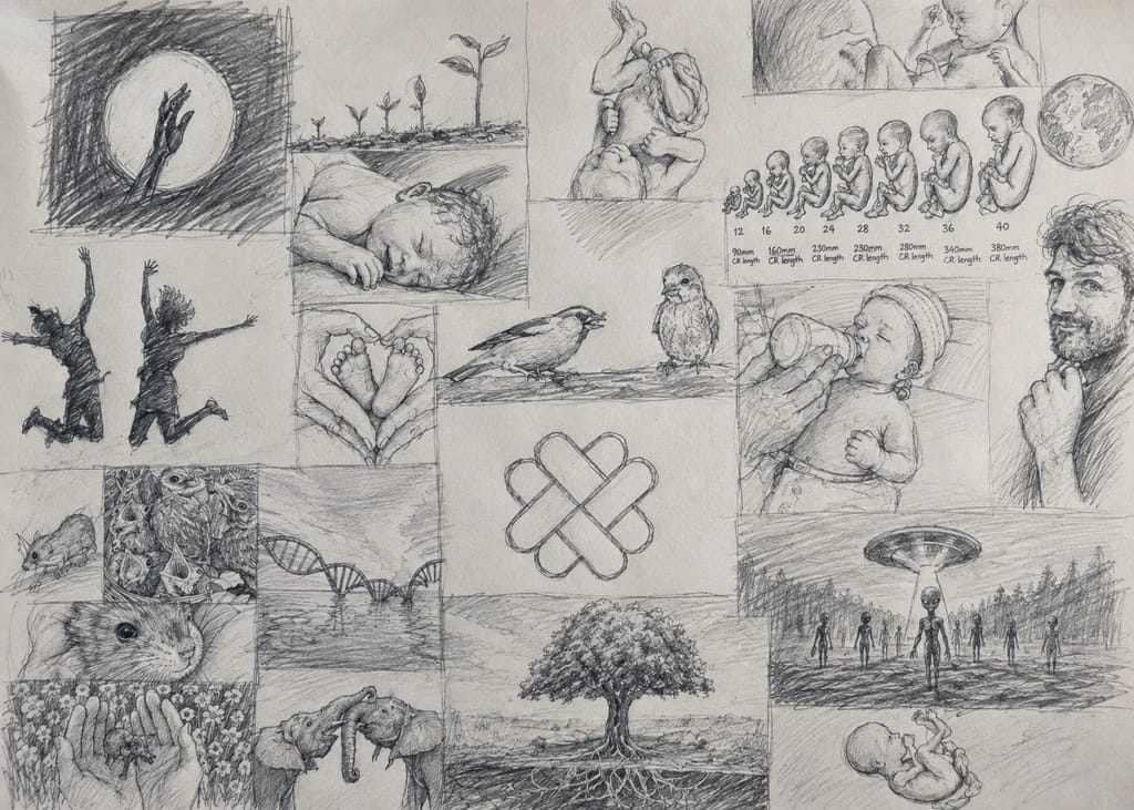 Pencil sketches of LIFE: a seedling, a newborn, birds, a tree, hands holding a heart