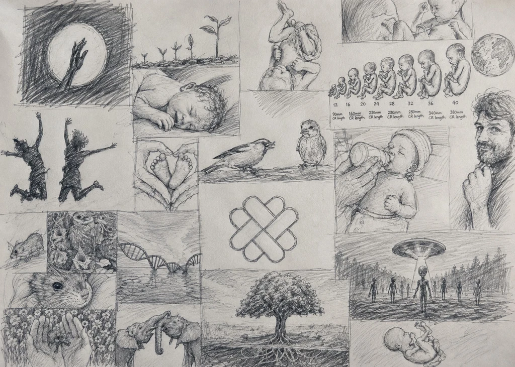Pencil sketches of LIFE: a seedling, a newborn, birds, a tree, hands holding a heart